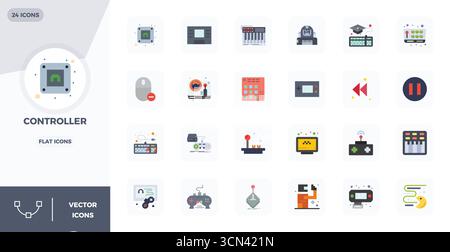 Complete package of 24 vector icons themed around Controller, showcasing Flat design in 128x128 PIXEL perfect quality for modern interfaces. Stock Vector