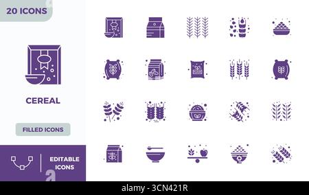 High-performance collection of 20 Glyph Filled vector icons for Cereal, engineered with 128x128 PIXEL perfect resolution for optimal user interface de Stock Vector