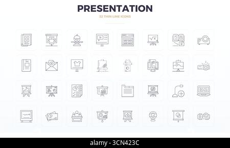 Exceptional collection of 32 Thin Line vector icons for Presentation, delivered in 128x128 PIXEL perfect resolution for unparalleled visual excellence Stock Vector