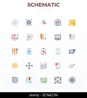 Industry-leading pack of 25 Flat PIXEL perfect vector icons for Schematic, sized at 128x128 for optimal rendering and user interface excellence. Stock Vector