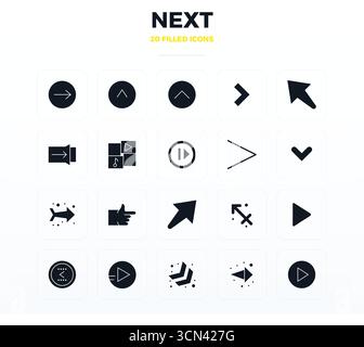 Industry-leading pack of 20 Filled Glyph PIXEL perfect vector icons for Next, sized at 128x128 for optimal rendering and user interface excellence. Stock Vector