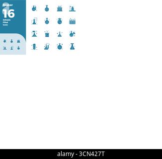 Premium collection of 16 Filled vector icons for Beaker, meticulously crafted in 128x128 PIXEL perfect resolution for superior visual impact. Stock Vector
