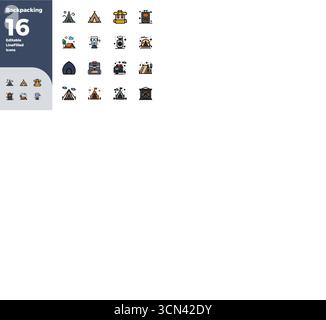 Explore 16 Colorful Line Filled PIXEL perfect vector icons in 128x128 resolution inspired by Backpacking. Perfect for web and app interfaces. Stock Vector