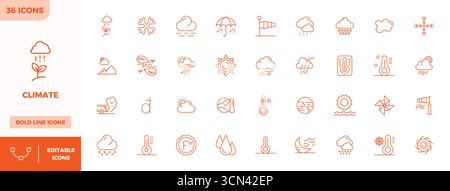This Climate vector icon pack includes 36 Bold Line designs in 128x128 PIXEL perfect format, perfect for enhancing digital interfaces. Stock Vector