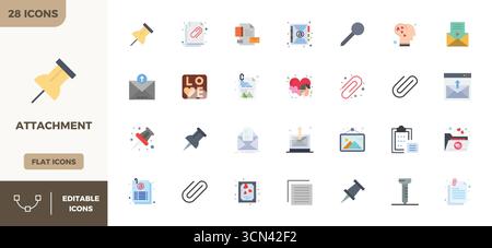 Carefully curated 28 Flat Colorful vector icons for Attachment, featuring 128x128 PIXEL perfect resolution for consistent brand representation and use Stock Vector