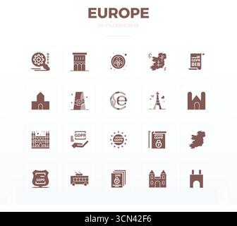 State-of-the-art bundle featuring 20 PIXEL perfect vector icons inspired by Europe, created in Filled Glyph format at 128x128 for next-generation inte Stock Vector