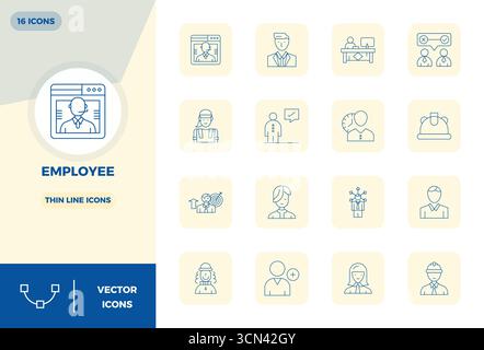 A versatile set of 16 Slim Line PIXEL perfect vector icons focused on Employee, delivered in crisp 128x128 format ideal for mobile and web application Stock Vector