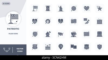 Comprehensive bundle featuring 24 vector icons in Glyph Filled design for Patriotic, delivered in crisp 128x128 PIXEL perfect quality. Stock Vector