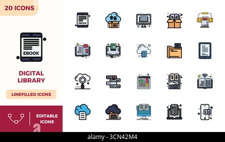 Comprehensive bundle featuring 20 vector icons in Lineal Color Filled design for Digital Library, delivered in crisp 128x128 PIXEL perfect quality. Stock Vector