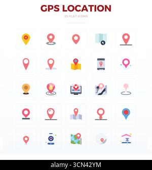 Innovative pack of 25 vector icons themed around Gps Location, showcasing Flat design in 128x128 PIXEL perfect format for modern digital solutions. Stock Vector