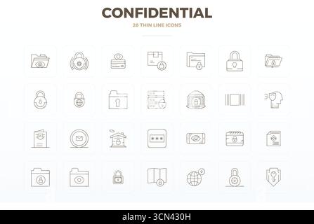 Masterfully created 28 vector icons representing Confidential in Thin Line design, featuring 128x128 PIXEL perfect resolution for exceptional visual q Stock Vector