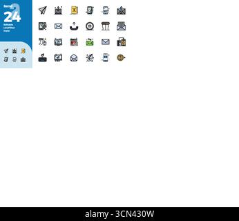 Unlock 24 Flat Line Filled PIXEL perfect vector icons inspired by Send, optimized in 128x128 format for flawless display across all devices. Stock Vector