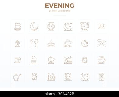 Exclusive collection of 24 Thin Line vector icons for Evening, developed with 128x128 PIXEL perfect resolution for premium brand experiences. Stock Vector