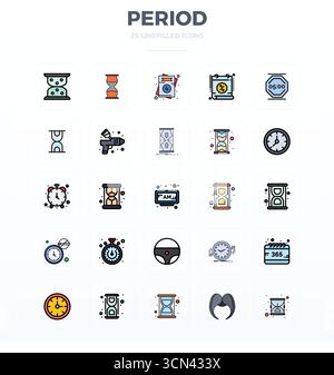 Meticulously crafted 25 Flat Line Filled vector icons for Period, delivered in 128x128 PIXEL perfect quality for uncompromising design standards. Stock Vector
