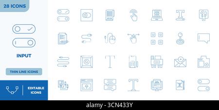 Masterfully created 28 vector icons representing Input in Thin Outline design, featuring 128x128 PIXEL perfect resolution for exceptional visual quali Stock Vector