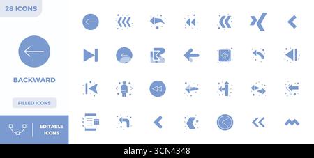 Advanced collection of 28 PIXEL perfect vector icons inspired by Backward, crafted in Glyph Filled with 128x128 optimization for superior visual perfo Stock Vector
