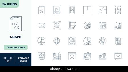 Ultimate collection of 24 vector icons representing Graph in Thin Outline aesthetic, optimized with 128x128 PIXEL perfect resolution for maximum impac Stock Vector