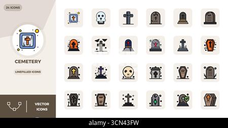 State-of-the-art bundle featuring 24 PIXEL perfect vector icons inspired by Cemetery, created in Lineal Filled Flat format at 128x128 for next-generat Stock Vector