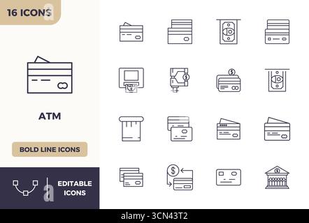 This collection features 16 Bold Line PIXEL perfect vector icons tailored to the Atm theme, optimized in 128x128 format for digital design. Stock Vector