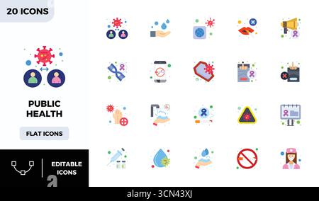 Advanced collection of 20 PIXEL perfect vector icons inspired by Public Health, crafted in Flat Colorful with 128x128 optimization for superior visual Stock Vector