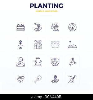Essential pack of 16 PIXEL perfect vector icons for Planting in Bold Outline format, sized at 128x128 for optimal performance and scalability. Stock Vector