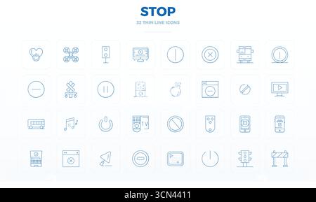 Transform your designs with 32 Thin Line vector icons themed around Stop, engineered in 128x128 PIXEL perfect resolution for maximum clarity. Stock Vector