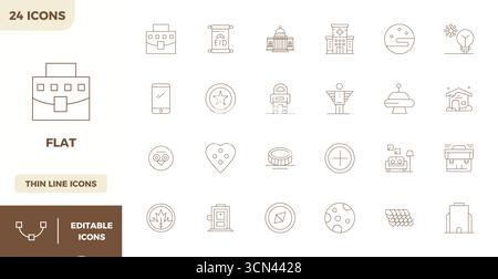 Handcrafted collection featuring 24 Thin Outline vector icons for Flat, optimized in 128x128 PIXEL perfect resolution for premium digital experiences. Stock Vector