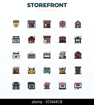 Artfully designed 25 Flat Line Filled PIXEL perfect vector icons for Storefront, delivered in 128x128 format for consistent visual excellence. Stock Vector