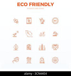 Thoughtfully designed 16 vector icons themed around Eco Friendly, crafted in Bold Outline with 128x128 PIXEL perfect precision for contemporary design Stock Vector