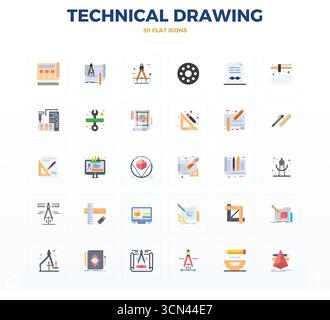 Meticulously crafted 30 Flat vector icons for Technical Drawing, delivered in 128x128 PIXEL perfect quality for uncompromising design standards. Stock Vector