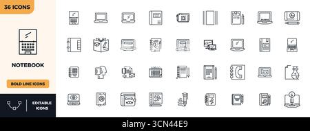Industry-leading pack of 36 Bold Line PIXEL perfect vector icons for Notebook, sized at 128x128 for optimal rendering and user interface excellence. Stock Vector