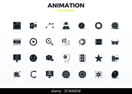 Meticulously crafted 28 Filled Glyph vector icons for Animation, delivered in 128x128 PIXEL perfect quality for uncompromising design standards. Stock Vector