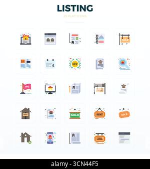Exclusive collection of 25 Flat vector icons for Listing, developed with 128x128 PIXEL perfect resolution for premium brand experiences. Stock Vector