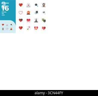 This set of 16 Flat vector icons captures Sadness themes in 128x128 PIXEL perfect quality, perfect for tech and business applications. Stock Vector