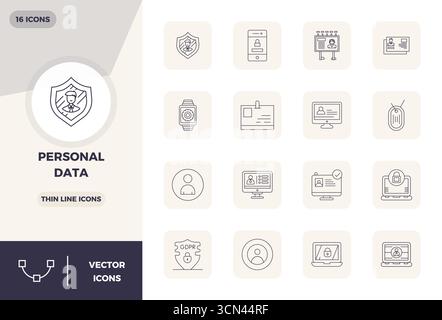 A versatile set of 16 Slim Line PIXEL perfect vector icons focused on Personal Data, delivered in crisp 128x128 format ideal for mobile and web applic Stock Vector