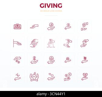 Unlock 20 Bold Outline PIXEL perfect vector icons inspired by Giving, optimized in 128x128 format for flawless display across all devices. Stock Vector