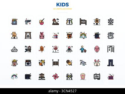 Thoughtfully designed 40 vector icons themed around Kids, crafted in Flat Line Filled with 128x128 PIXEL perfect precision for contemporary design nee Stock Vector