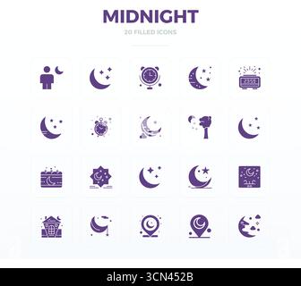 Download 20 scalable Filled Glyph vector icons designed for Midnight, featuring PIXEL perfect 128x128 resolution suitable for professional and creativ Stock Vector