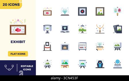 This collection features 20 Flat Colorful PIXEL perfect vector icons tailored to the Exhibit theme, optimized in 128x128 format for digital design. Stock Vector