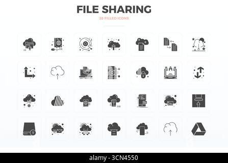 Professionally designed 28 vector icons in Filled Glyph, capturing the essence of File Sharing with 128x128 PIXEL perfect precision for UI design. Stock Vector