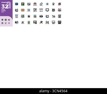 State-of-the-art bundle featuring 32 PIXEL perfect vector icons inspired by Graphics, created in Line Filled format at 128x128 for next-generation int Stock Vector
