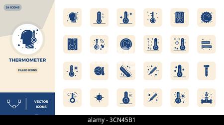 This collection features 24 Glyph Filled PIXEL perfect vector icons tailored to the Thermometer theme, optimized in 128x128 format for digital design. Stock Vector