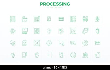 This set of 32 Thin Line vector icons captures Processing themes in 128x128 PIXEL perfect quality, perfect for tech and business applications. Stock Vector