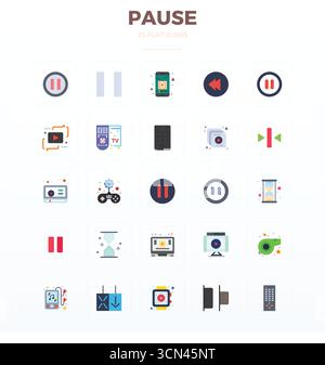 Comprehensive bundle featuring 25 vector icons in Flat design for Pause, delivered in crisp 128x128 PIXEL perfect quality. Stock Vector