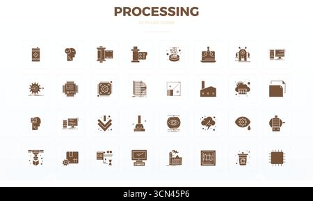 Set of 32 Filled Glyph PIXEL perfect vector icons themed around Processing, crafted in 128x128 resolution for seamless integration in apps and website Stock Vector