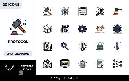 Contemporary collection of 20 vector icons representing Protocol in Lineal Color Filled aesthetic, featuring 128x128 PIXEL perfect resolution for mode Stock Vector