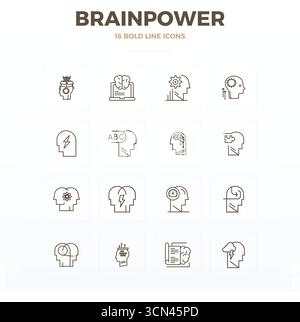 Meticulously crafted 16 Bold Outline vector icons for Brainpower, delivered in 128x128 PIXEL perfect quality for uncompromising design standards. Stock Vector
