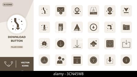 Collection of 24 Glyph Filled PIXEL perfect vector icons for Download Button, designed in 128x128 format for clarity and versatility. Stock Vector