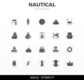 Premium collection of 20 Filled Glyph vector icons for Nautical, meticulously crafted in 128x128 PIXEL perfect resolution for superior visual impact. Stock Vector