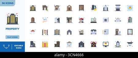 Contemporary collection of 36 vector icons representing Property in Flat Colorful aesthetic, featuring 128x128 PIXEL perfect resolution for modern app Stock Vector